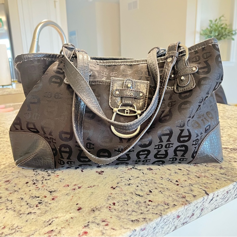 Vintage Etienne Aigner Black Signature Logo and Canvas and Leather Gray Handbag